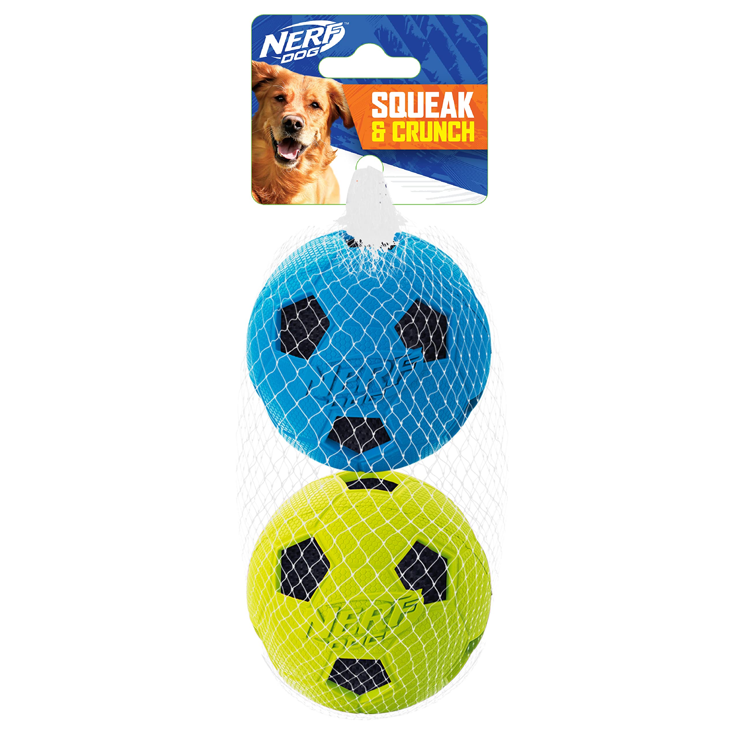 Nerf Dog Soccer Ball Dog Toy With Interactive Crunch, Lightweight, Durable And Water Resistant, 3 Inches, For Small/Medium/Large Breeds, Two Pack, Blue And Green