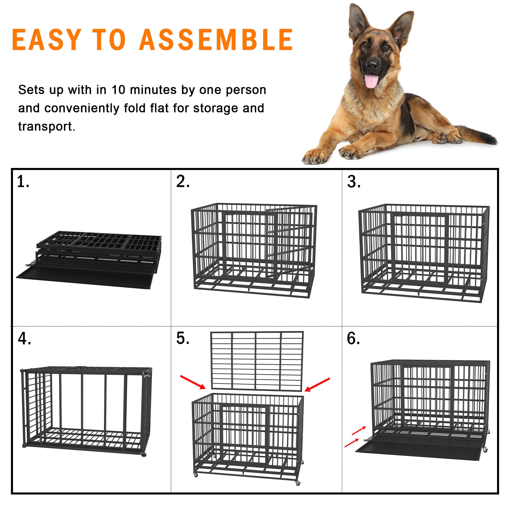 Boldbone 48/42/38 Inch Heavy Duty Indestructible And Escape-Proof Dog Crate Cage Kennel For Large Dogs, High Anxiety Dog Crate With Removable Crate Trays, Wheels And Double Door, Extra Large Xl Xxl
