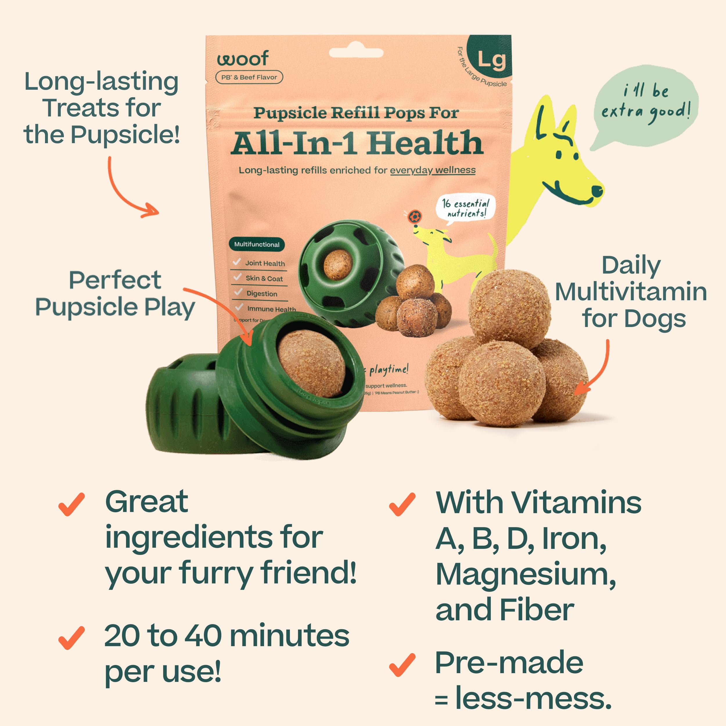 WOOF Pupsicle Refill Pops for All-in-1 Health - Long-Lasting Multivitamin Refills for The Pupsicle Toy - with Vitamins A, B, D,