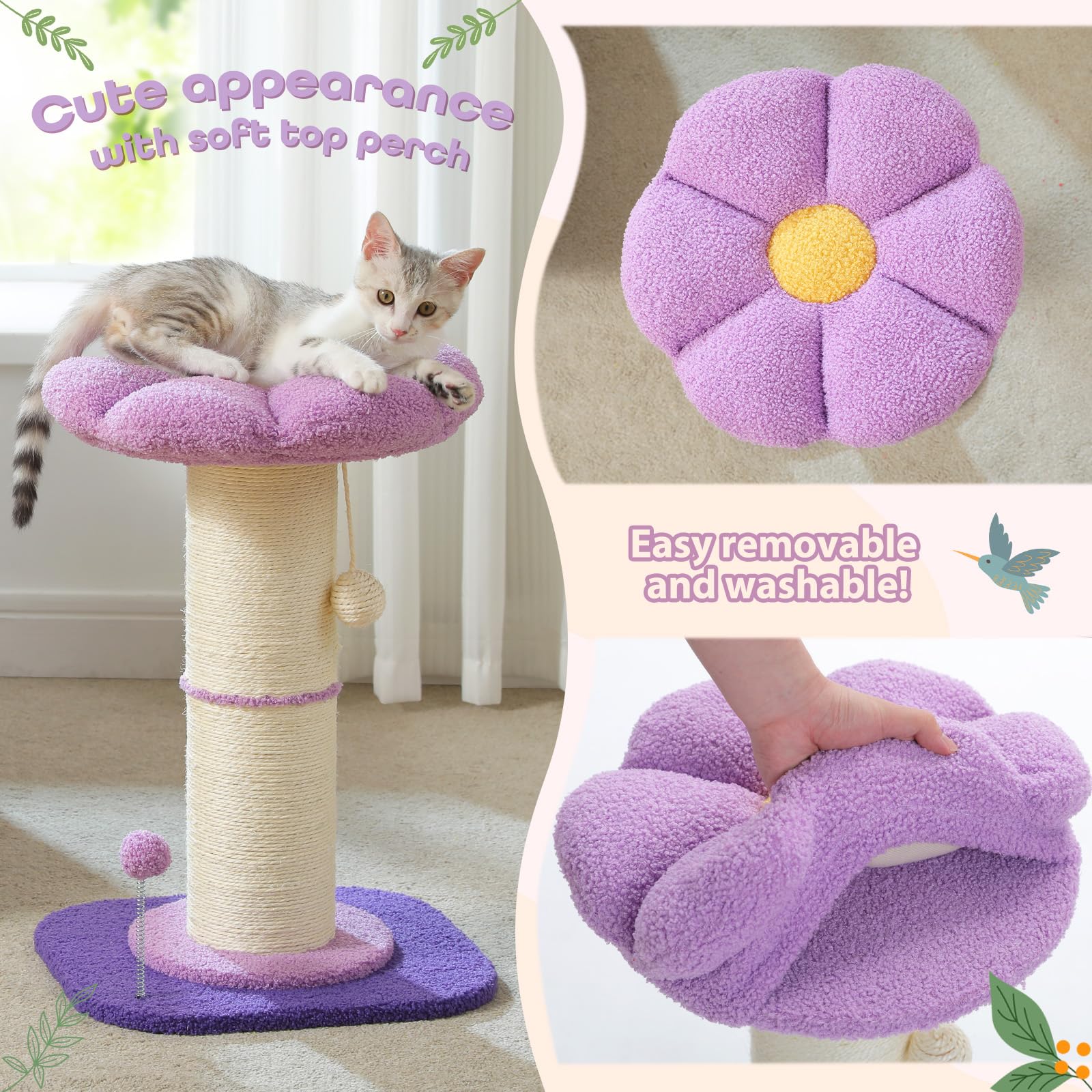 Pequlti Flower Cat Scratching Post, Small Tree, Tall Scratcher For Indoor Cats With Super Thick Post [Dia=5.5''], Removable Flow