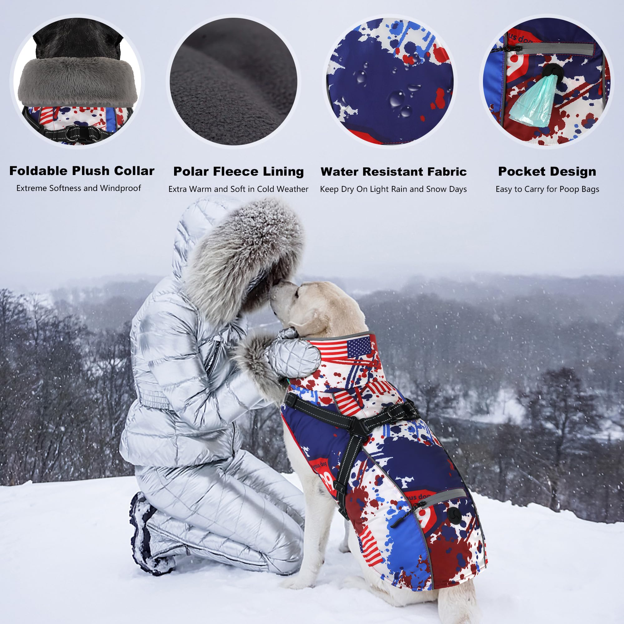 Dogcheer Dog Coat With Harness, American Flag Dog Jacket Waterproof Puppy Winter Coat With Pocket, Reflective Adjustable Pet Tur