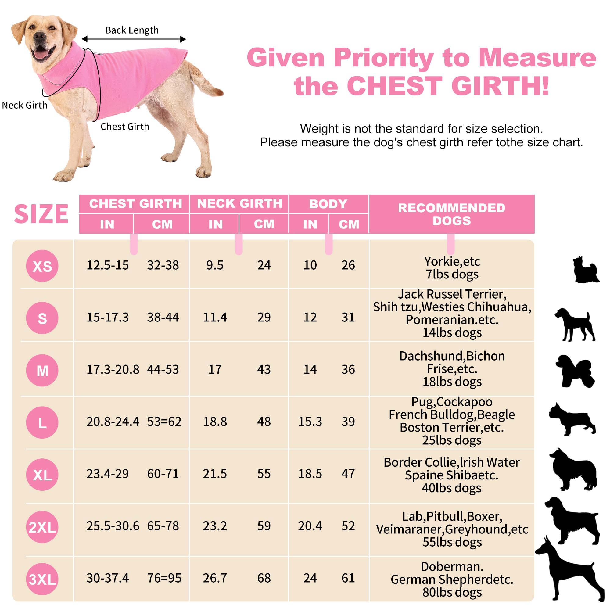 Fleece Dog Coat Winter Pet Jacket Reflective For Cold Weather For Large Medium Small Dogs(Pink,M)