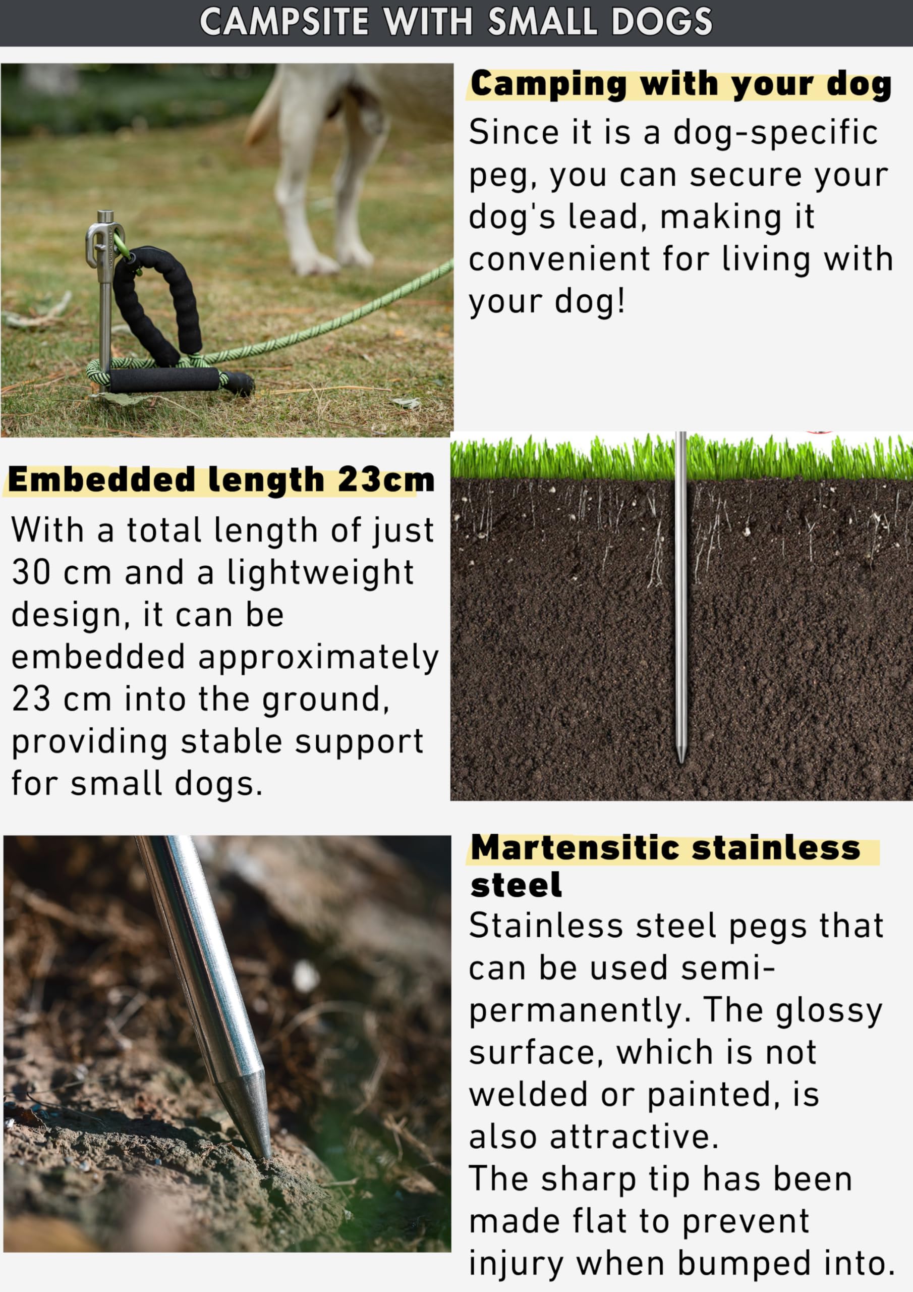 Campingmoon 11.8-Inch Dog Tie Out Stake Stainless Steel For Small Pets Outdoors K45-30