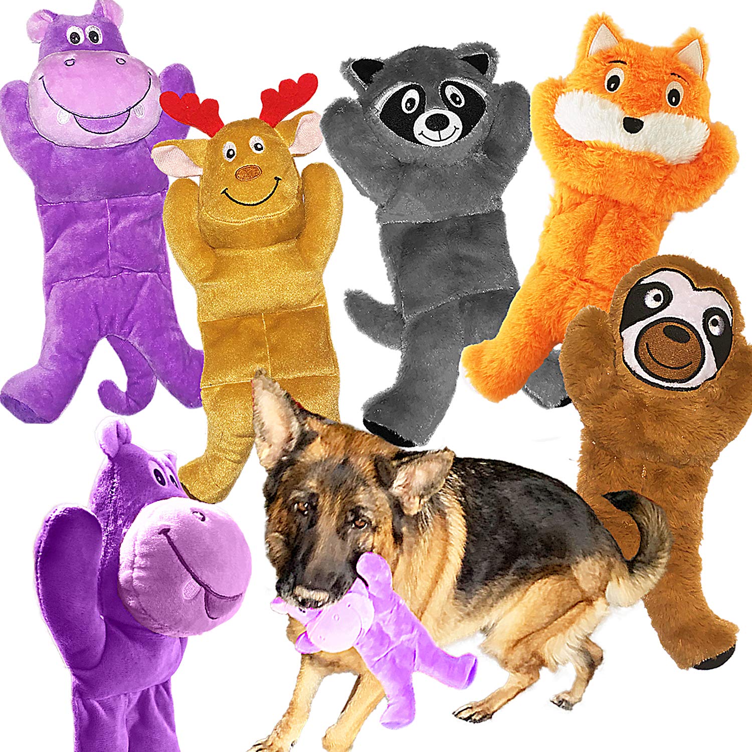 Jalousie 5 Pack 12   Dog Toys Assortment - Plush Squeaky Toys for Medium to Large Breeds - Raccoon, Elk, Hippo, Fox, Sloth