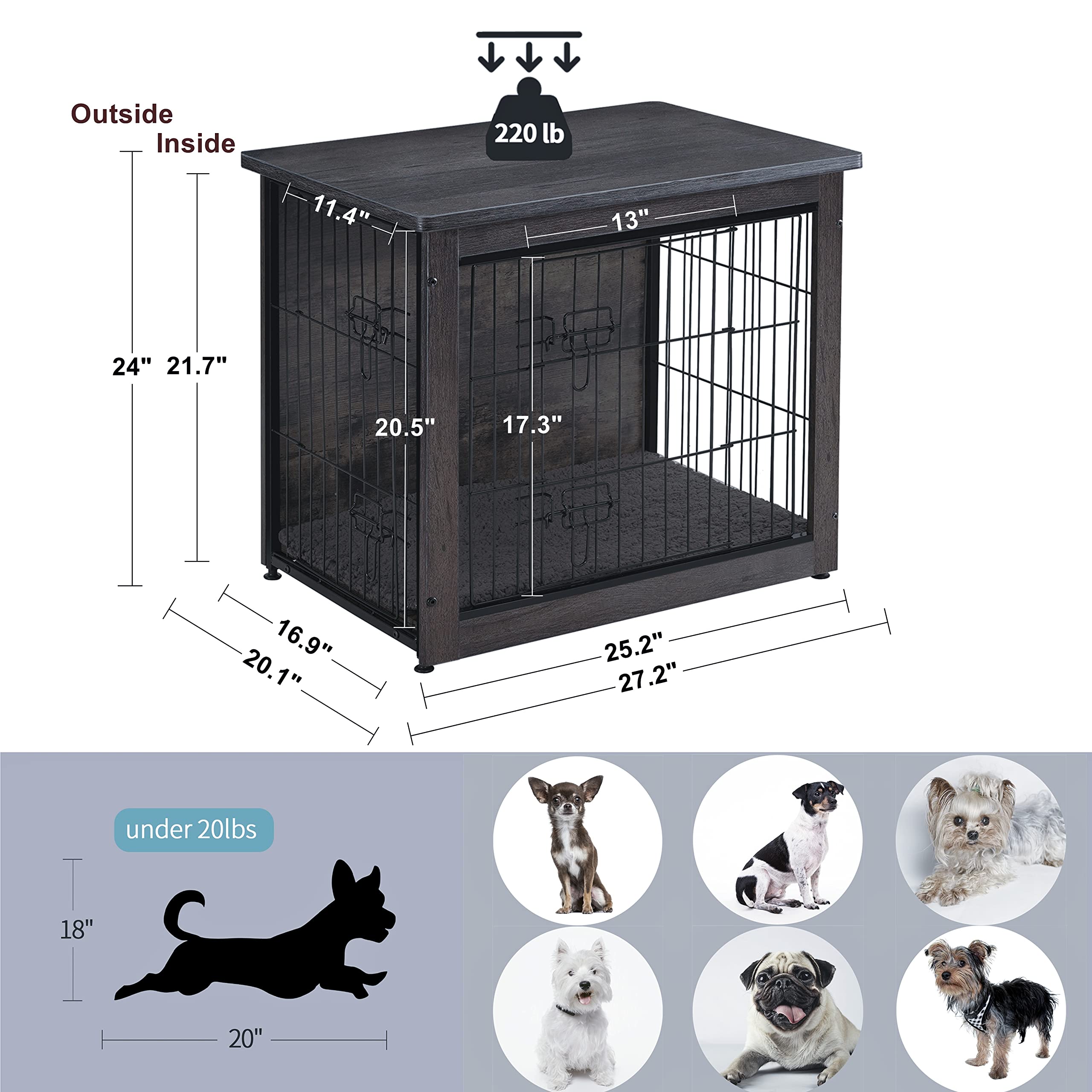 Dwanton Dog Crate Furniture With Cushion, Wooden Crate With Double Doors, Dog Kennel Indoor For Small/Medium/Large Dog, End Table, Small, 27.2' L, Dark Grey