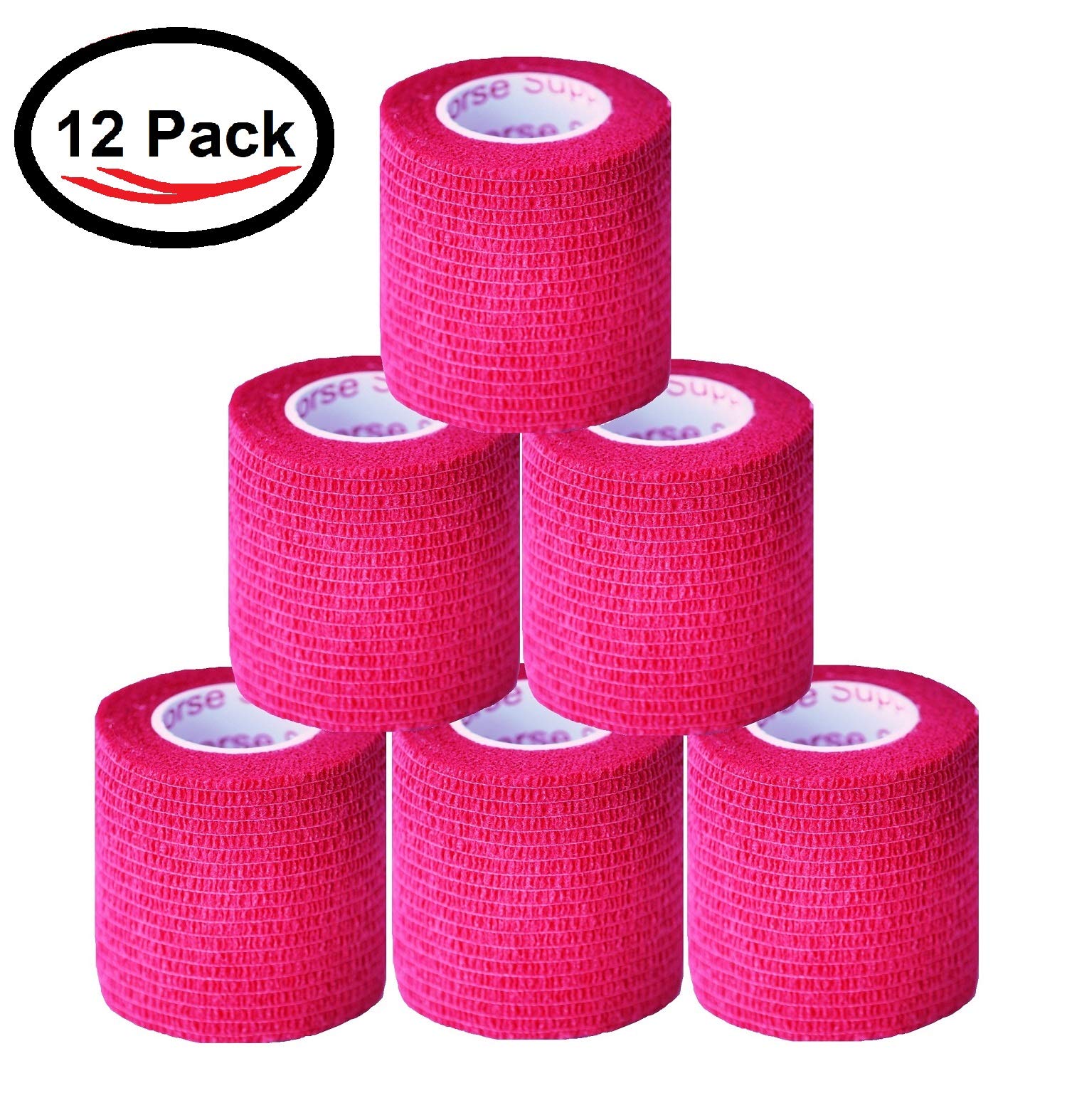 2 Inch Vet Wrap Tape Bulk (Red) (Pack of 12) Self Adhesive Adherent Adhering Flex Bandage Grip Roll for Dog Cat Pet Horse