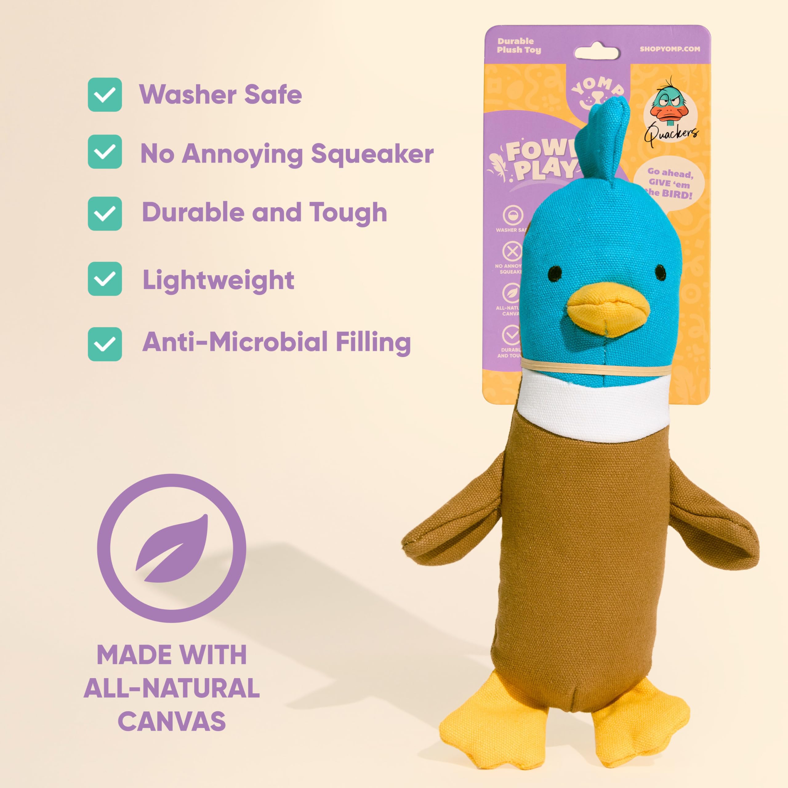 Yomp Duck Toy For Dogs - Durable Plush Chew Toy With Natural Canvas And Crinkle Paper - Interactive Stuffed Animal For Dogs (Qua