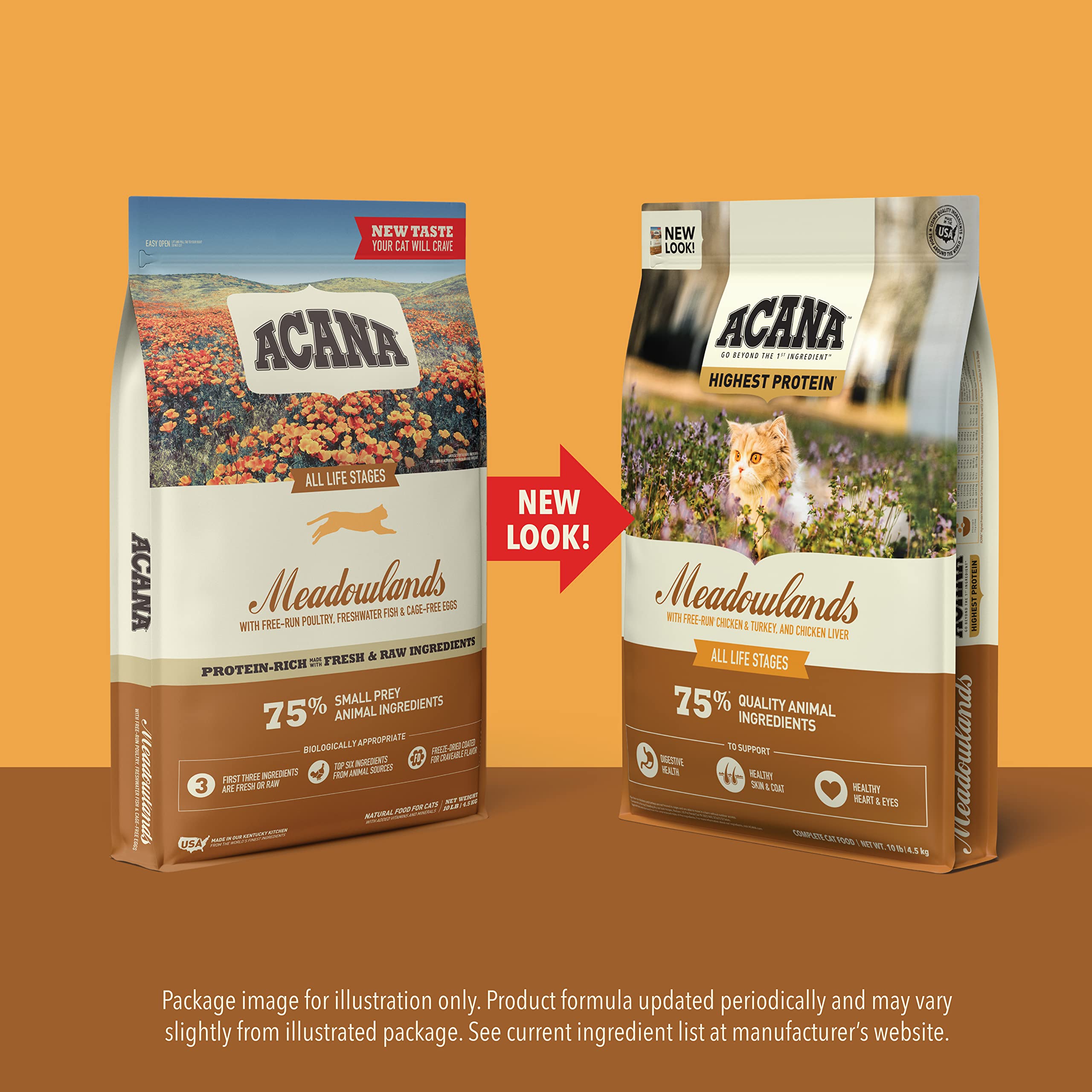 ACANA Highest Protein Meadowlands Grain-Free Dry Cat Food, Free-Run Chicken and Turkey and Chicken Liver Cat Food Recipe, 4lb