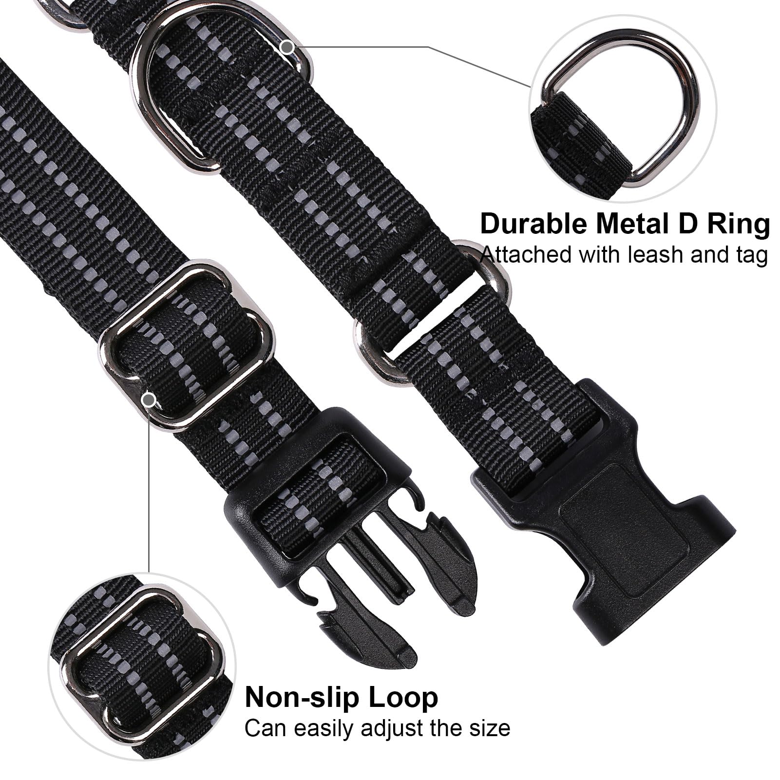 Joyeeiioo Martingale Dog Collar, Adjustable Nylon Reflective Collar With Buckle. No Pull-For Small, Medium, Large Dogs. Prevents Slipping Out-Helps With Strong Pullers-Increase Control (Black S)