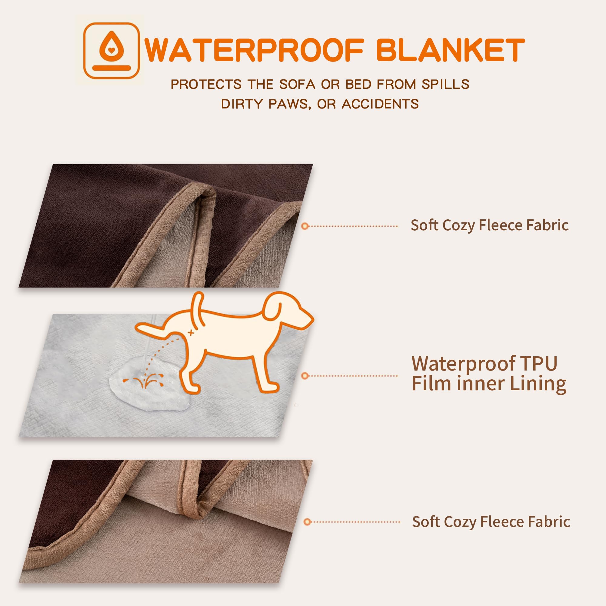 Capt.Snooze 50X60 Inch Brown Pet Blanket For Medium/Large Dogs - Reversible Soft Fluffy Waterproof Flannel Dog Bed Blanket, Grea