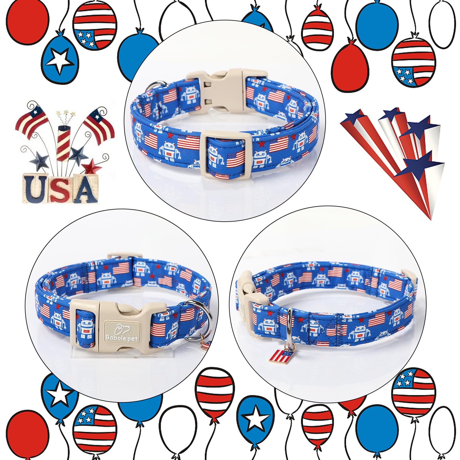 Babole Pet 4Th Of July Dog Collar, Robot Star-Spangled Patriotic Dog Collars For Giant Large Dogs, Adjustable Lightweight Quick-