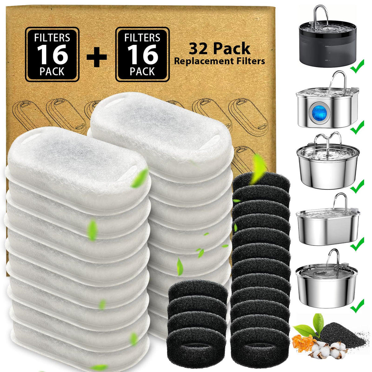 Cat Water Fountain Filters - 32 Pack For 3.2L/108Oz & 2L/67Oz Pet Water, Three-Layer Filtration Replacement (16+16 Pack), Packag