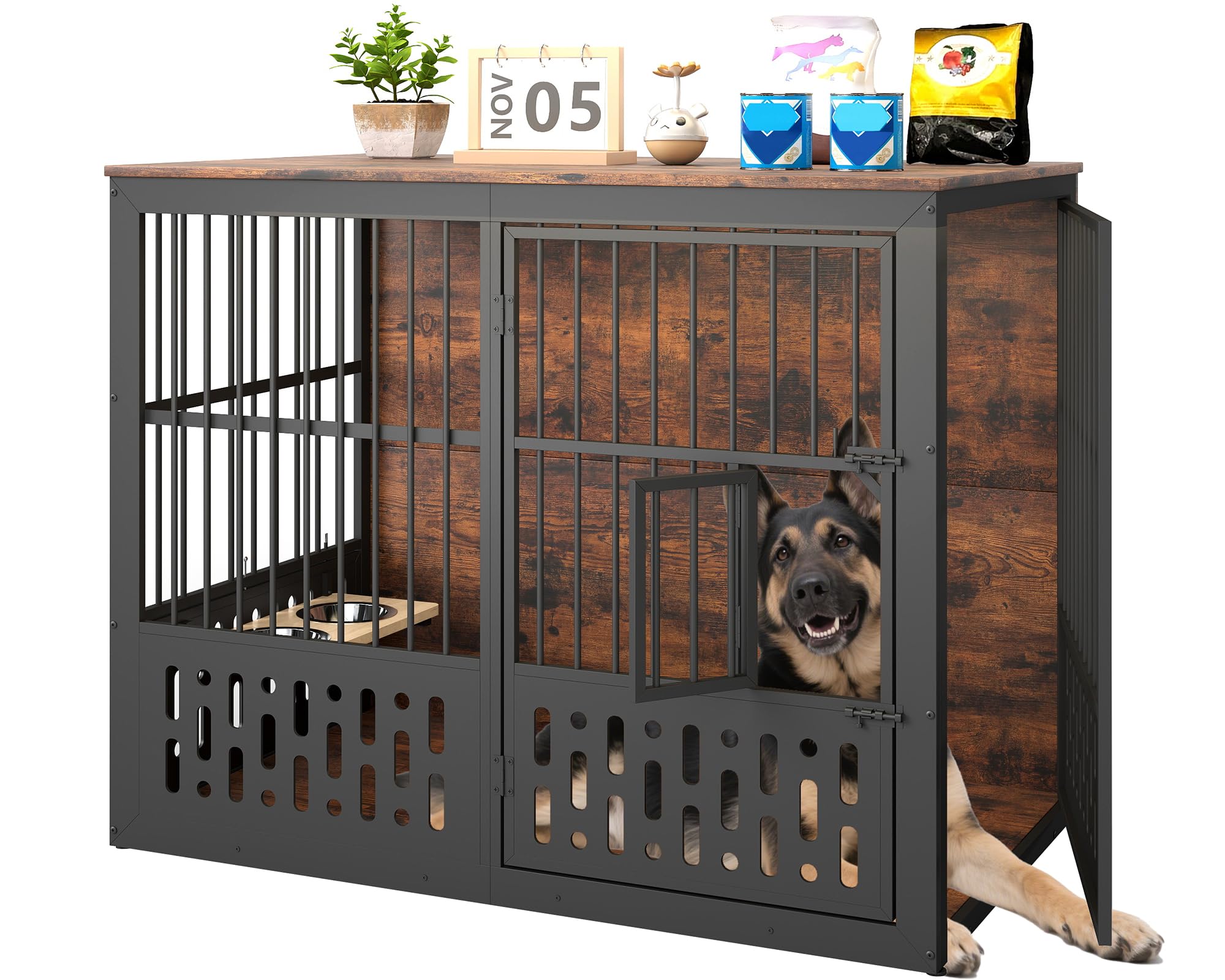 Yafylly 48 Inch XXL Dog Crate Furniture, Wooden Chewproof Dog Kennel with Interactive Window, 360 Adjustable Bowls (5 Heights), 