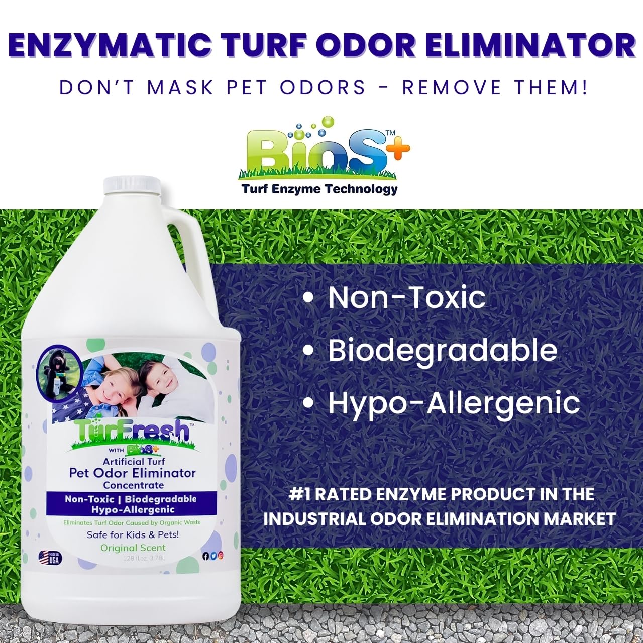 Turfresh Bios+ Artificial Turf Pet Odor Eliminator - Organic, Non-Toxic, Enzyme Concentrate - Safe For Use Around Kids, Pets, &
