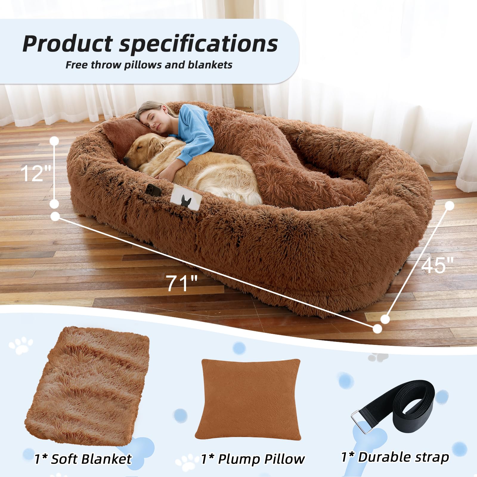 Human Dog Bed, Brown, 71''X45''X12'' Size Fits You And Pets, Washable Faux Fur Dog Bed For People Doze Off, Napping Orthopedic D