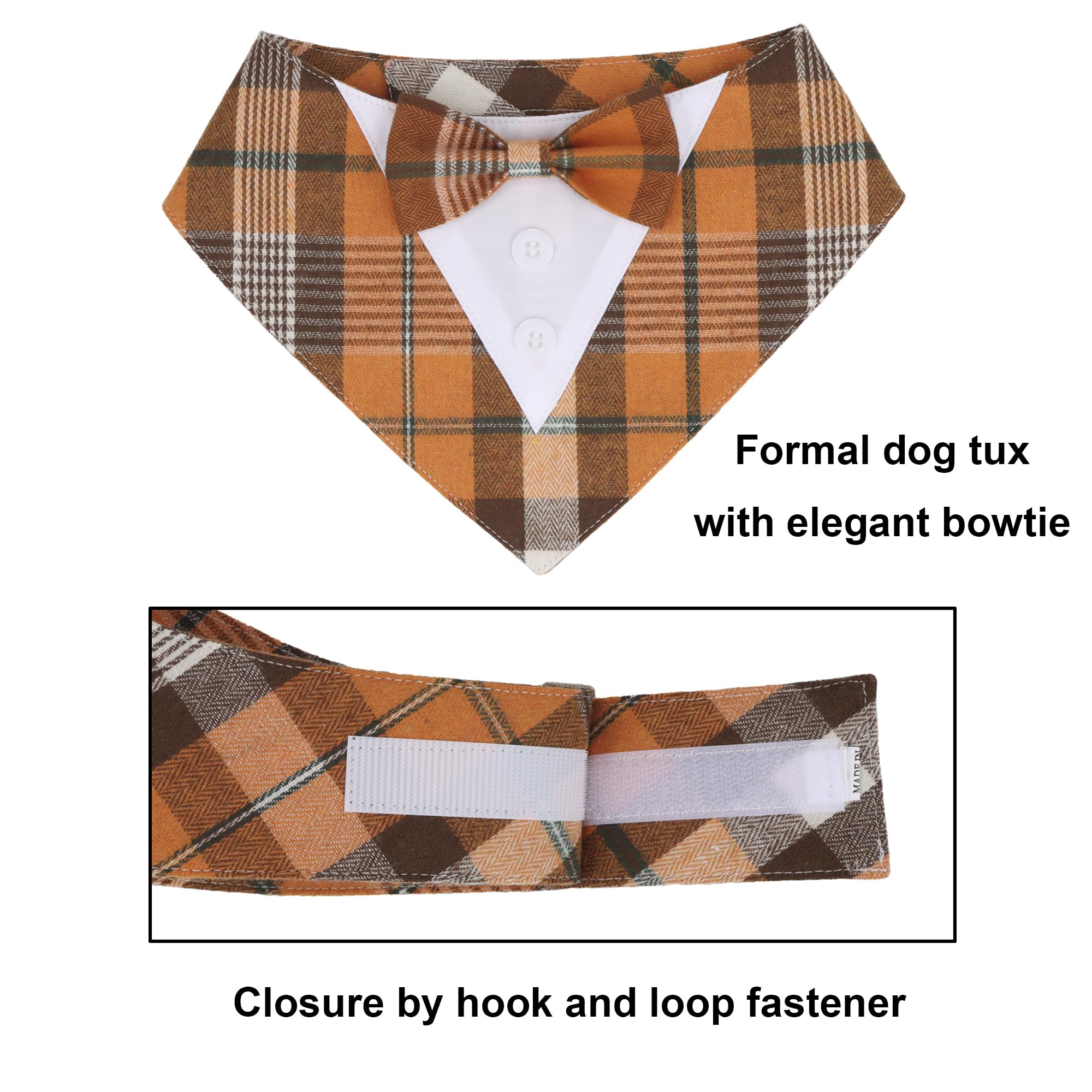 Adoggygo Fall Dog Tuxedo Bandana, Orange Plaid Dog Tux Collar With Bowtie Adjustable Dog Halloween Thanksgiving Formal Costume For Small Dogs Pets (S, Fall)