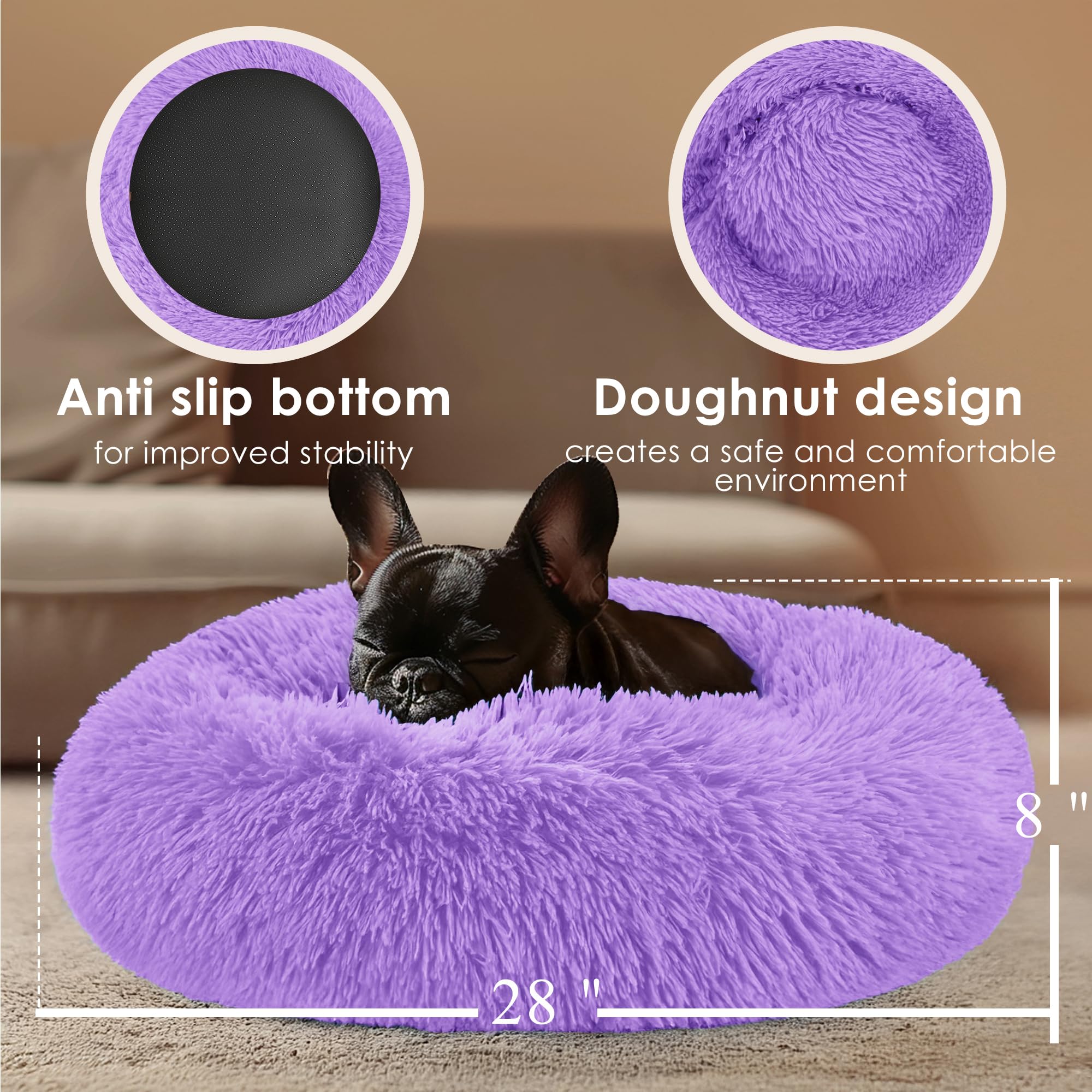 28in Large Dog Bed, Medium Size Dog and Cats, Calming Donut Bed for Puppy and Kitten, Washable Round Fluffy Pet Bed (Purple)