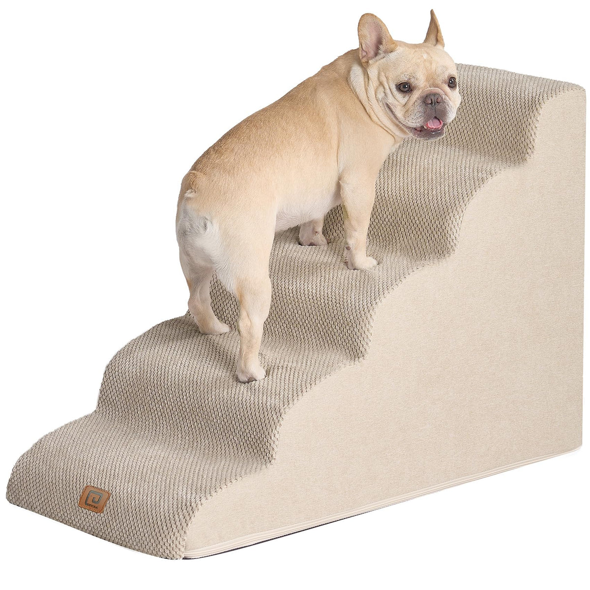 Eheyciga Curved Dog Stairs Ramp For High Beds 22.6' H, 5-Step Dog Steps For Small Dogs And Cats, Pet Stairs For High Bed Climbing, Non-Slip Balanced Pet Step Indoor, Beige