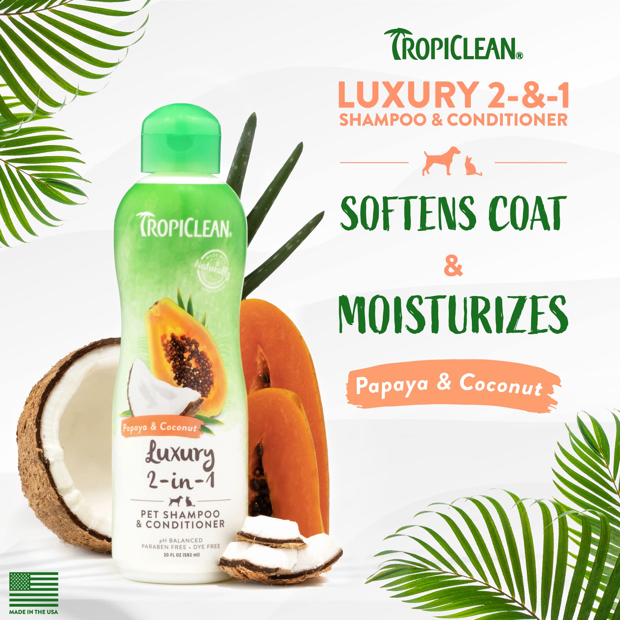 Tropiclean 2-In-1 Dog Shampoo And Conditioner, Moisturizing Dog Detangler, Puppy Safe, Made In The Usa, Papaya Scent, Cat & Kitten Safe, 20Oz.