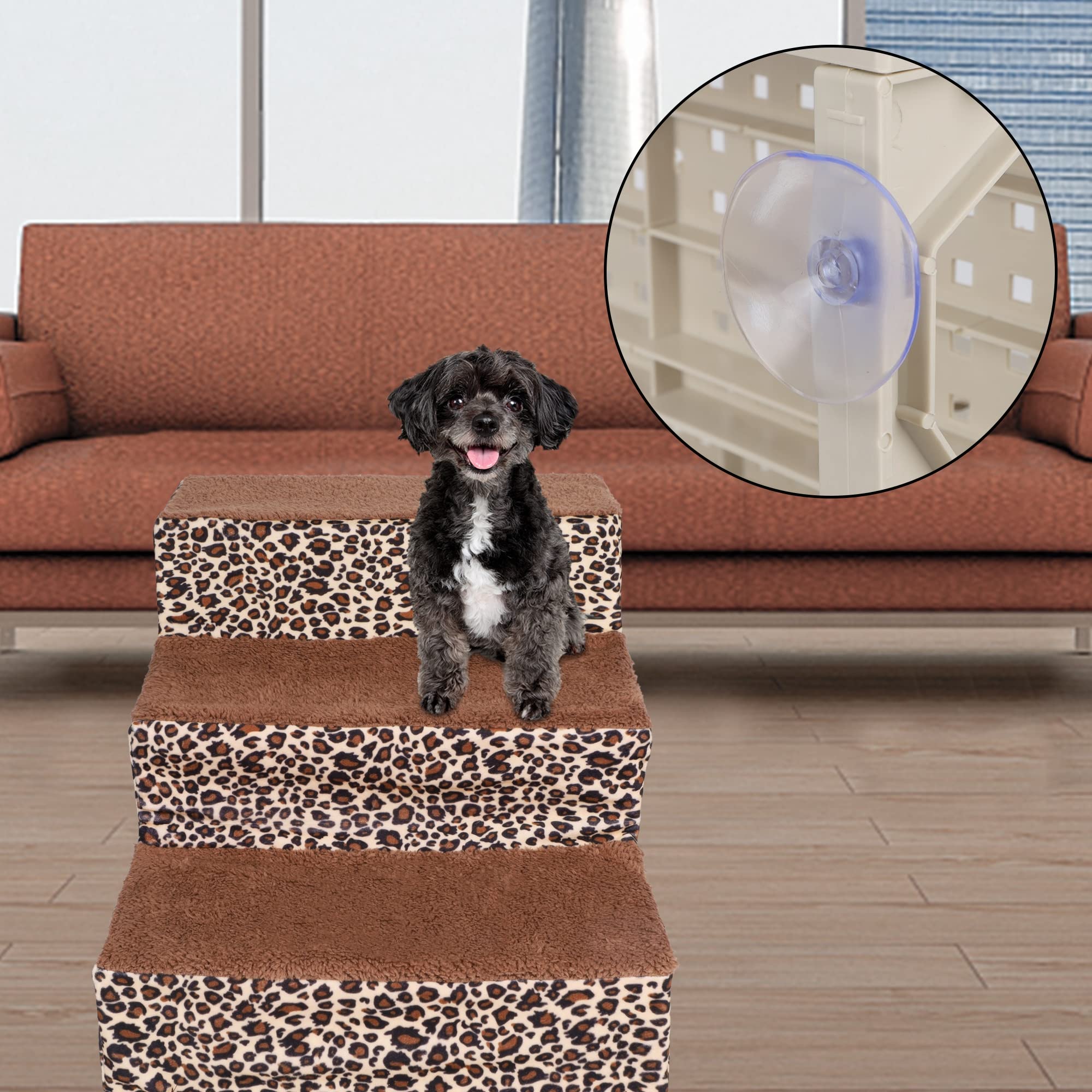 Yofit Doggy Steps - Non-Slip 3 Steps Pet Stairs For Cats And Dogs, Foldable Plastic With Washable Carpet Holds Up To 50 Lbs (Leo