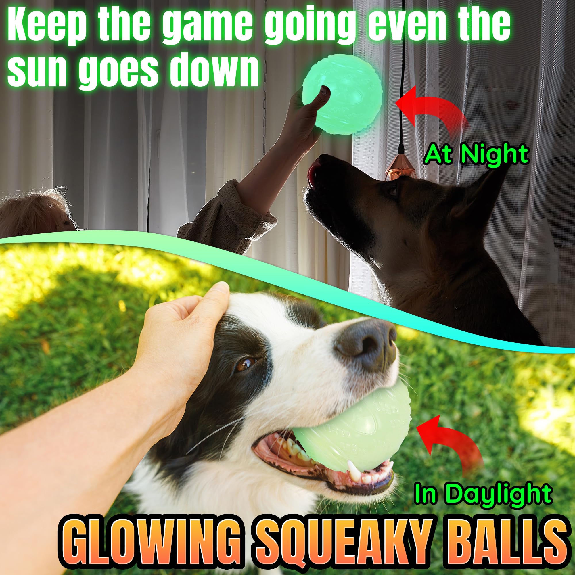 LECHONG Glow Squeaky Dog Balls - 4-Pack 3.5" Bouncy Rubber Fetch Balls for Medium & Large Dogs, Nighttime Play, M4-Glow