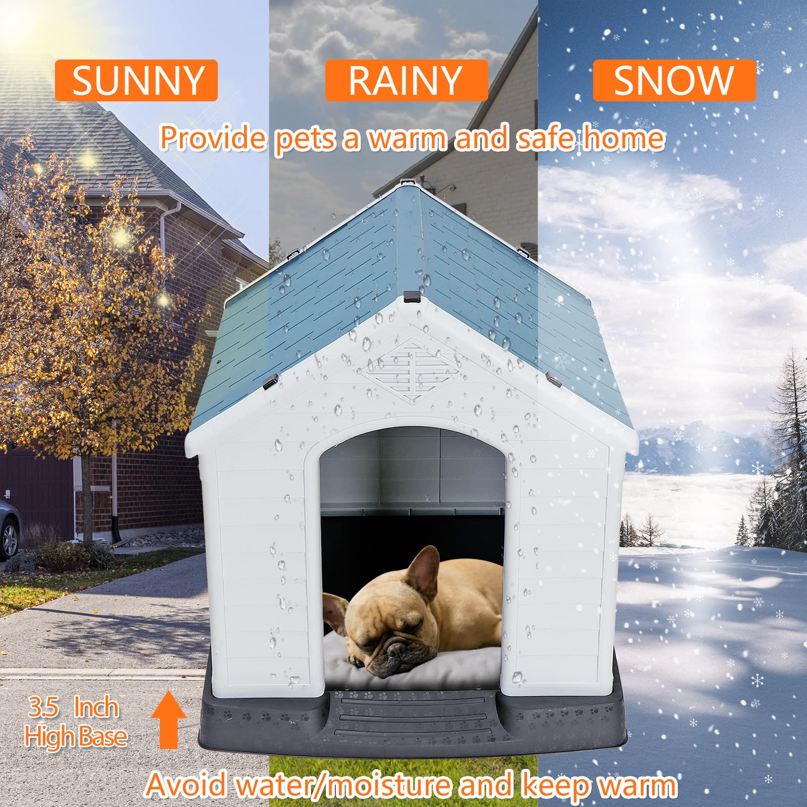 Large Plastic Dog House Indoor Outdoor Doghouse Dog Kennel Easy To Assemble Puppy Shelter W/Air Vents Elevated Floor Waterproof