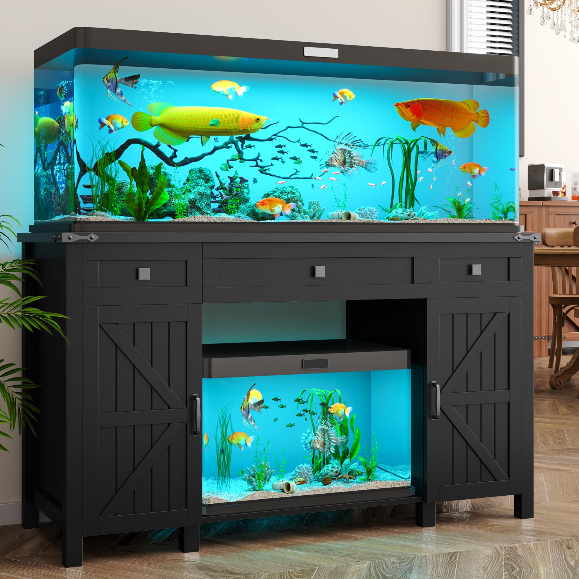 kepptory Aquarium Stand for 55-75 Gallon Tanks, Black, Heavy Duty with Power Outlet & Adjustable Shelves, Model 7889HY9