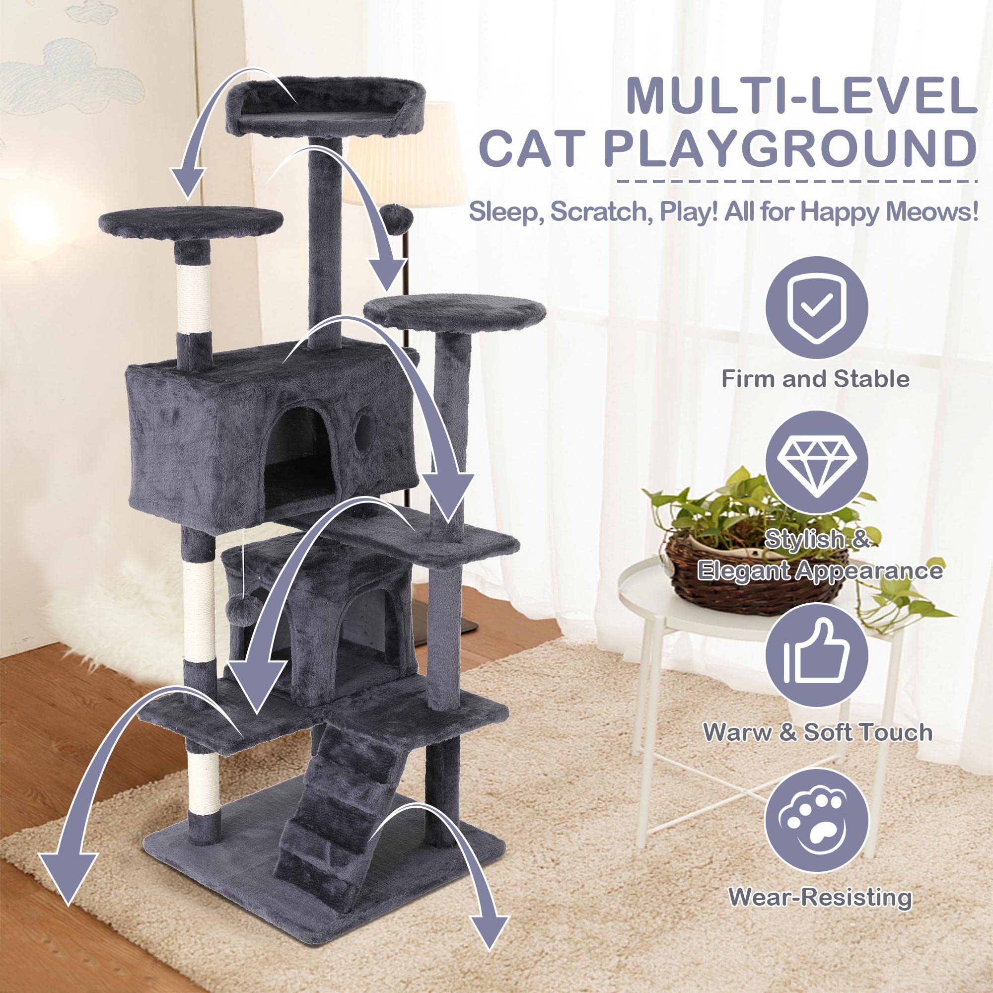 54 Inches Cat Tree For Indoor Cats, Multi-Level Cat Tree Cat Tower With Sisal-Covered Scratching Posts, Stable Cat Trees And Tow