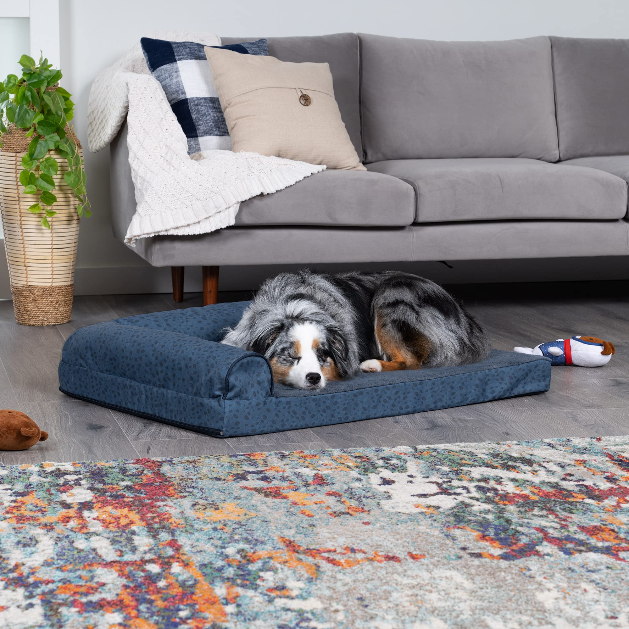 Furhaven Cooling Gel Dog Bed For Large/Medium Dogs W/ Removable Bolsters & Washable Cover, For Dogs Up To 55 Lbs - Plush & Almon