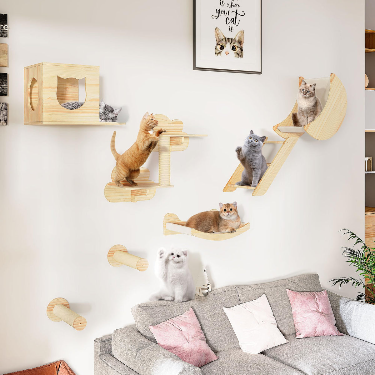 Dwvo Cat Wall Shelves And Perches For Wall, Solid Wood Wall-Mounted Cat Furniture, Set Of 9 Cat Climbing Shelves With Moon Wall 