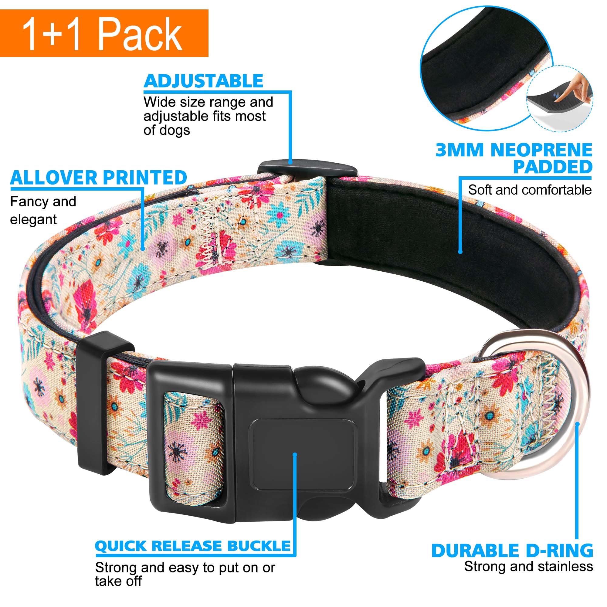 Ladoogo Reflective Dog Collar Padded With Soft Neoprene Breathable Adjustable Nylon Dog Collars For Small Medium Large Dogs (X-Small (Pack Of 1), Vanila/Pink Floral Collar+Leash)