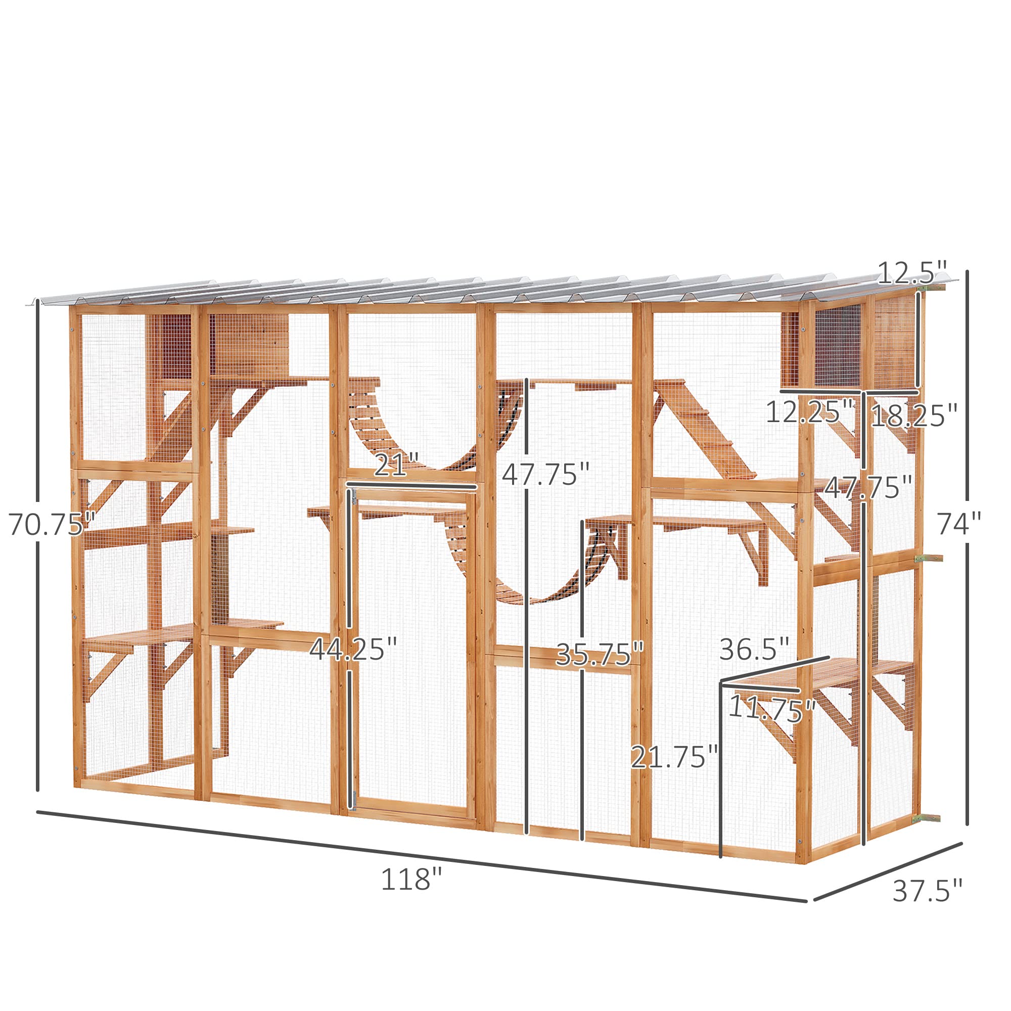 Pawhut Catio Playground Cat Window Box Outside Enclosure, Outdoor Cat House With Weather Protection Roof For Multiple Kitties, Wooden Frame, Shelves & Bridges, 118' X 37. 5' X 74', Orange