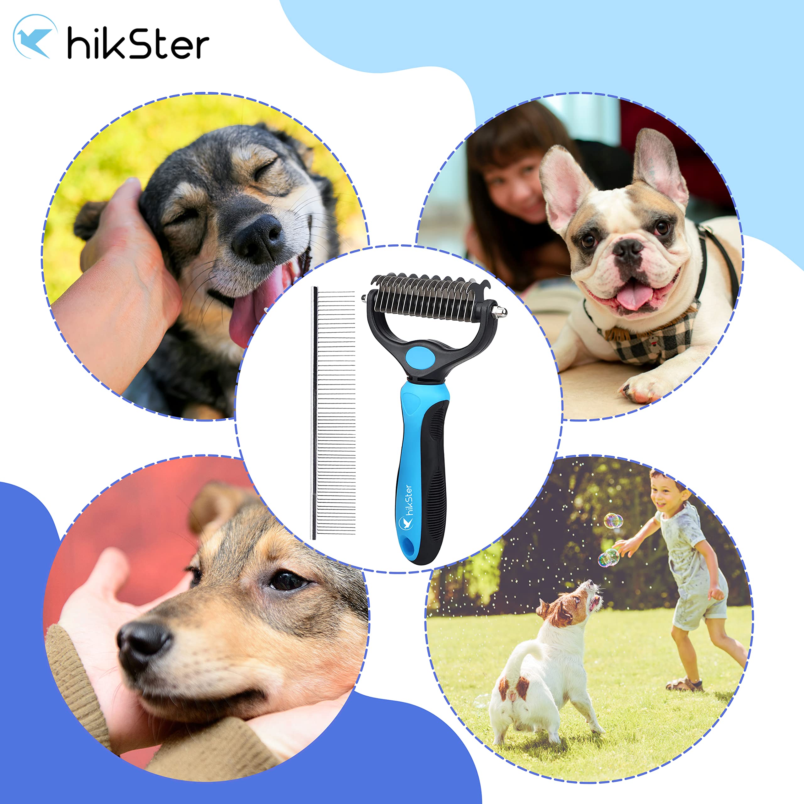 Hikster Dematting Comb For Dogs & Cats With Stainless Steel Rake Comb, Double Sided Pet Grooming Tools, Furever Brush, Cat Dematting Tool, Undercoat Rake For Small, Medium & Large Hairs Coat