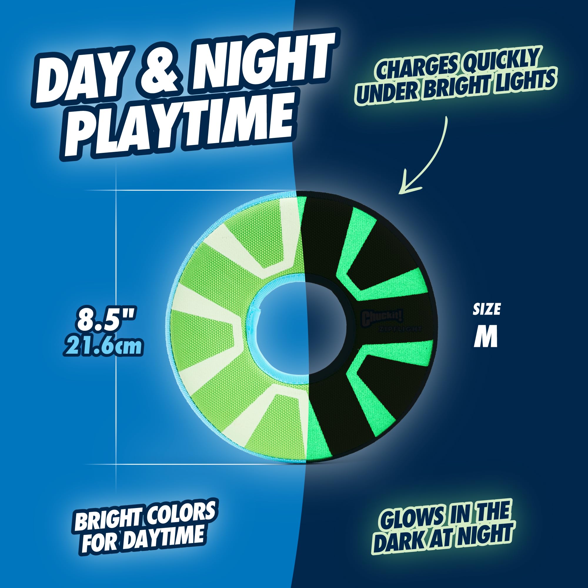 Chuckit! Max Glow Zipflight Flying Disc Dog Toy - Water Floating Flyer For Beach And Pool - Durable Polyester Construction - For Medium And Large Dogs - Size Medium - 8.5” L X 8.5” W - Pack Of 1