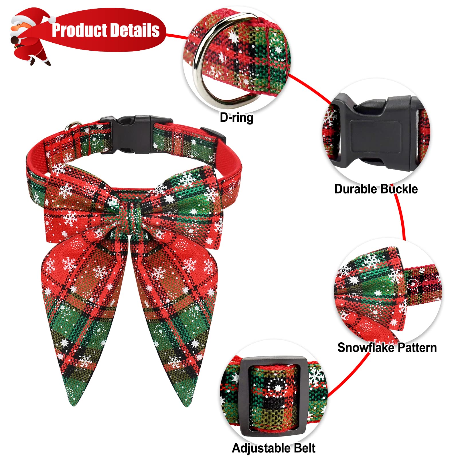 Malier Christmas Dog Collar With Bow Tie, Christmas Classic Plaid Dog Collar Soft Durable Holiday Dog Collar For Small Medium La