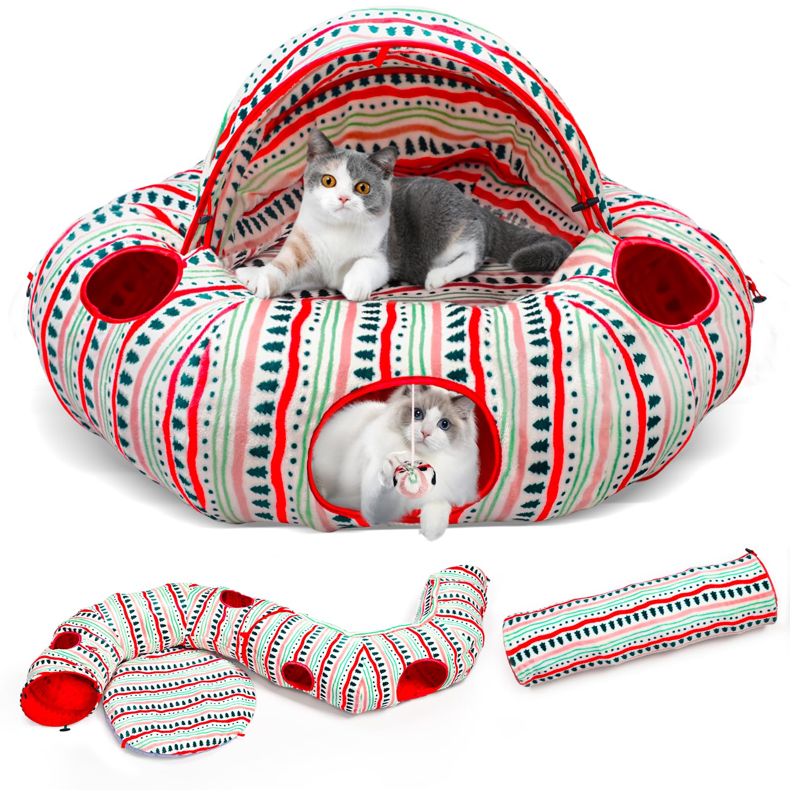 OUHOU Cat Tunnel Bed for Indoor Cats, Soft Plush Peekaboo Cat Cave Donut Tunnel, Multifunctional Cat Playground Toys Hideplace f