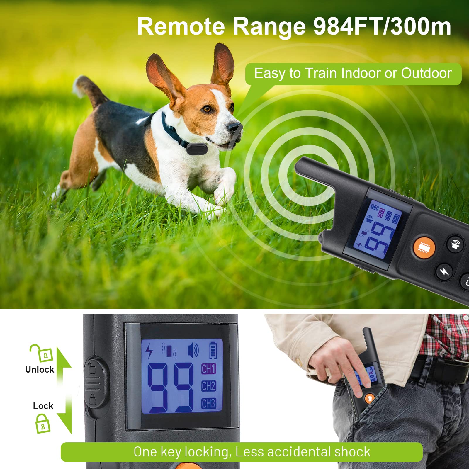 USCAMEL Dog Training Shock Collar with Remote 984 FT, 3 Modes-Shock,Vibration, Beep, Rechargeable Waterproof Electric Correction