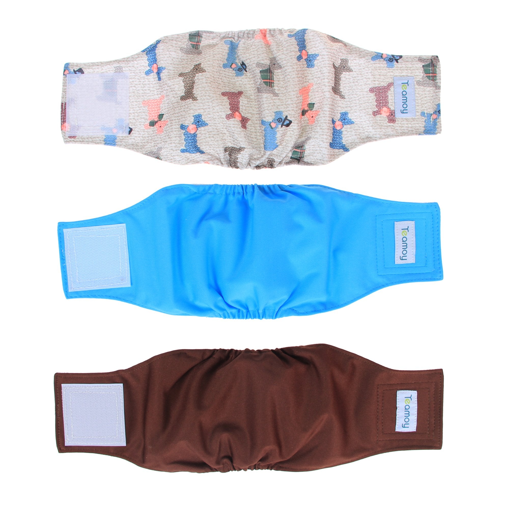 Teamoy Reusable Wrap Diapers for Male Dogs, Washable Puppy Belly Band Pack of 3 (S, 10''-13'' Waist, Light Blue+ Dogs+Coffee)