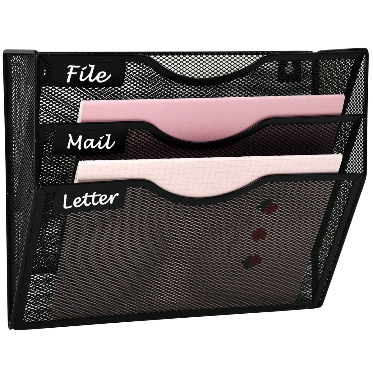 Gdindinfan 3 Pockets Mesh Hanging Wall File Holder Organizer Wall Mounted Paper Magazine Rack, Black