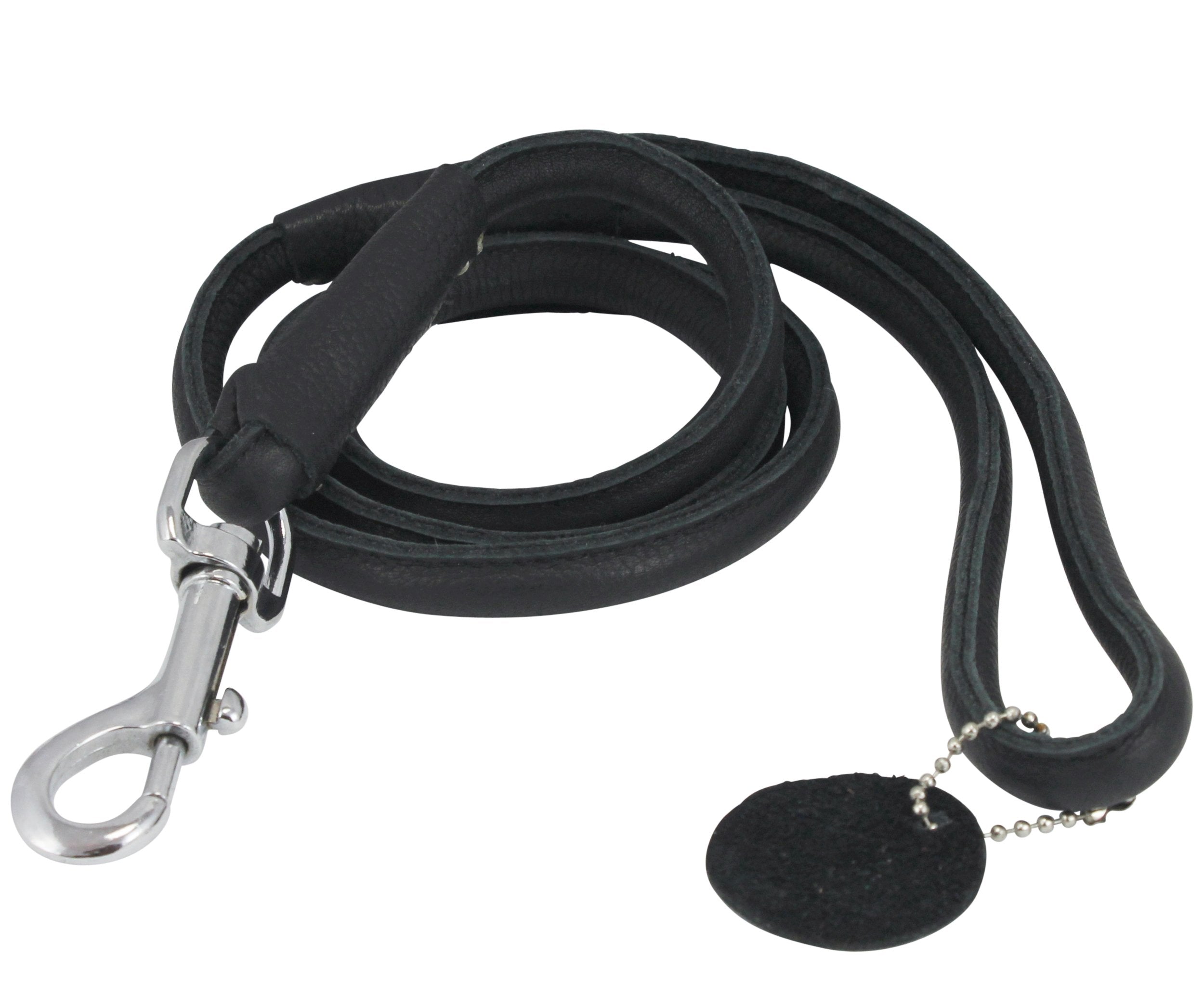 Round Genuine Rolled Leather Dog Leash 4' Long 1/2' Wide Black For Medium Breeds