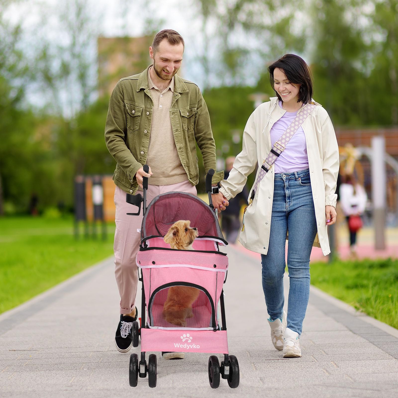 Umbrella Dog Stroller, 4 Wheels Pet Strolling, Foldable Carrier Pet Stroller for Small Dogs Cats, with Carrying Strap and Cup Ho