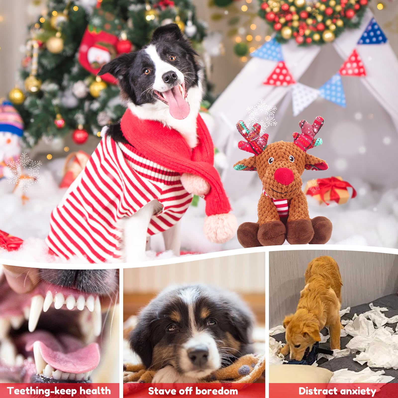 Christmas Dog Toys, Dog Squeaky Toys With Crinkle Paper, Interactive Plush Puppy Chew Toys, Cute Reindeer Dog Funny Toys, Dog Gi