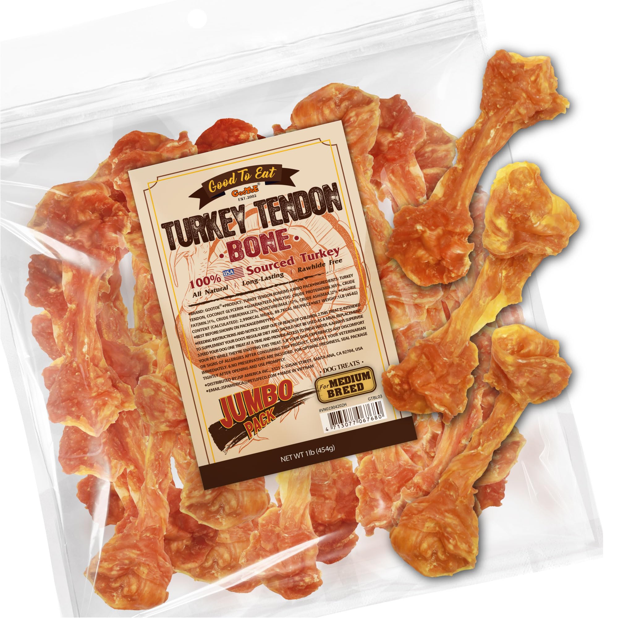Gootoe Turkey Tendon Dog Treats, Bone (M) 1 lb, 100% USA Sourced Turkey, Natural Snack, Premium Puppy Chews, Hypoallergenic, Raw