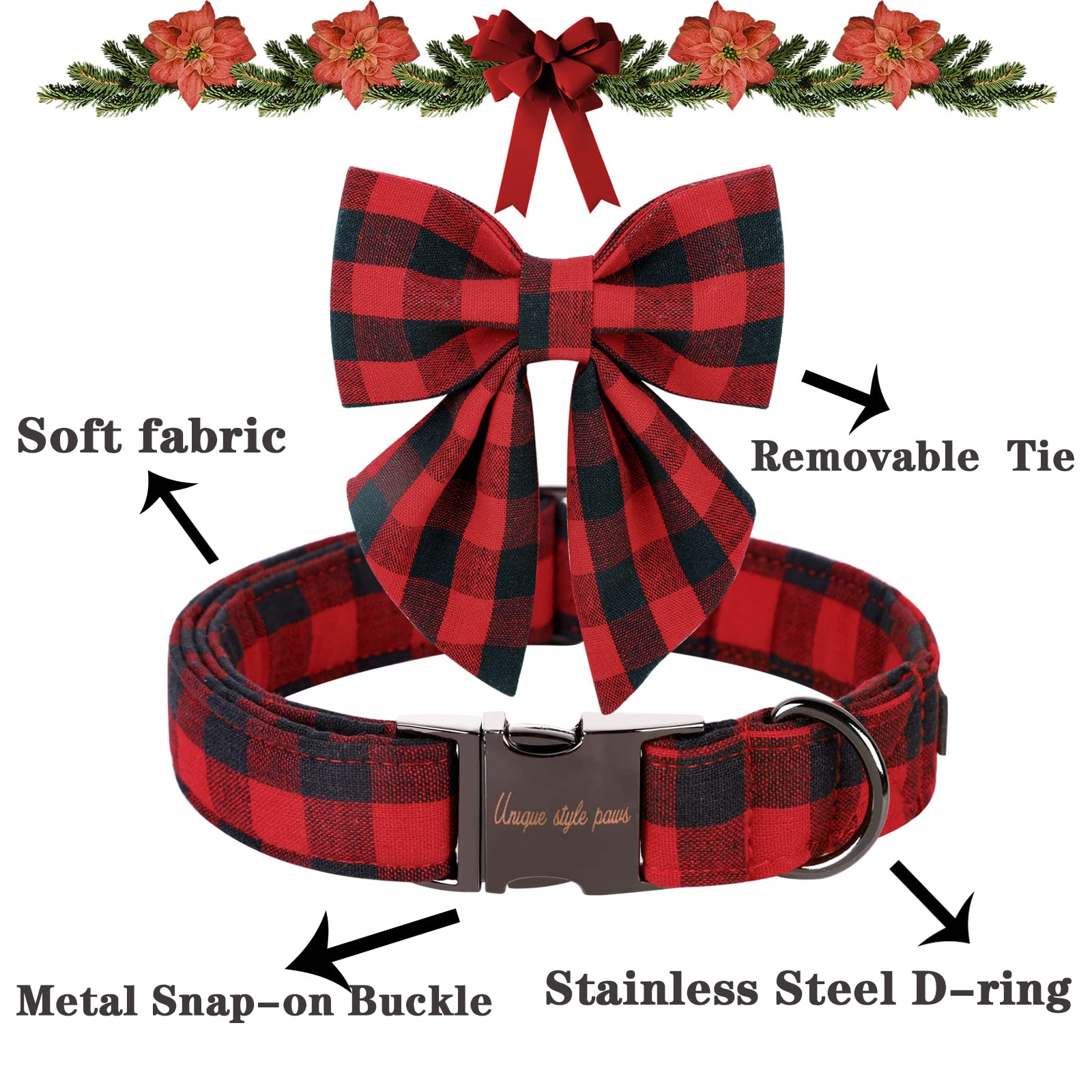 Unique Style Paws Christmas Dog Collar With Bow Tie Classic Red Plaid Puppy Collar For Small Medium Large Dogs As Holiday Winter Gifts-Xl