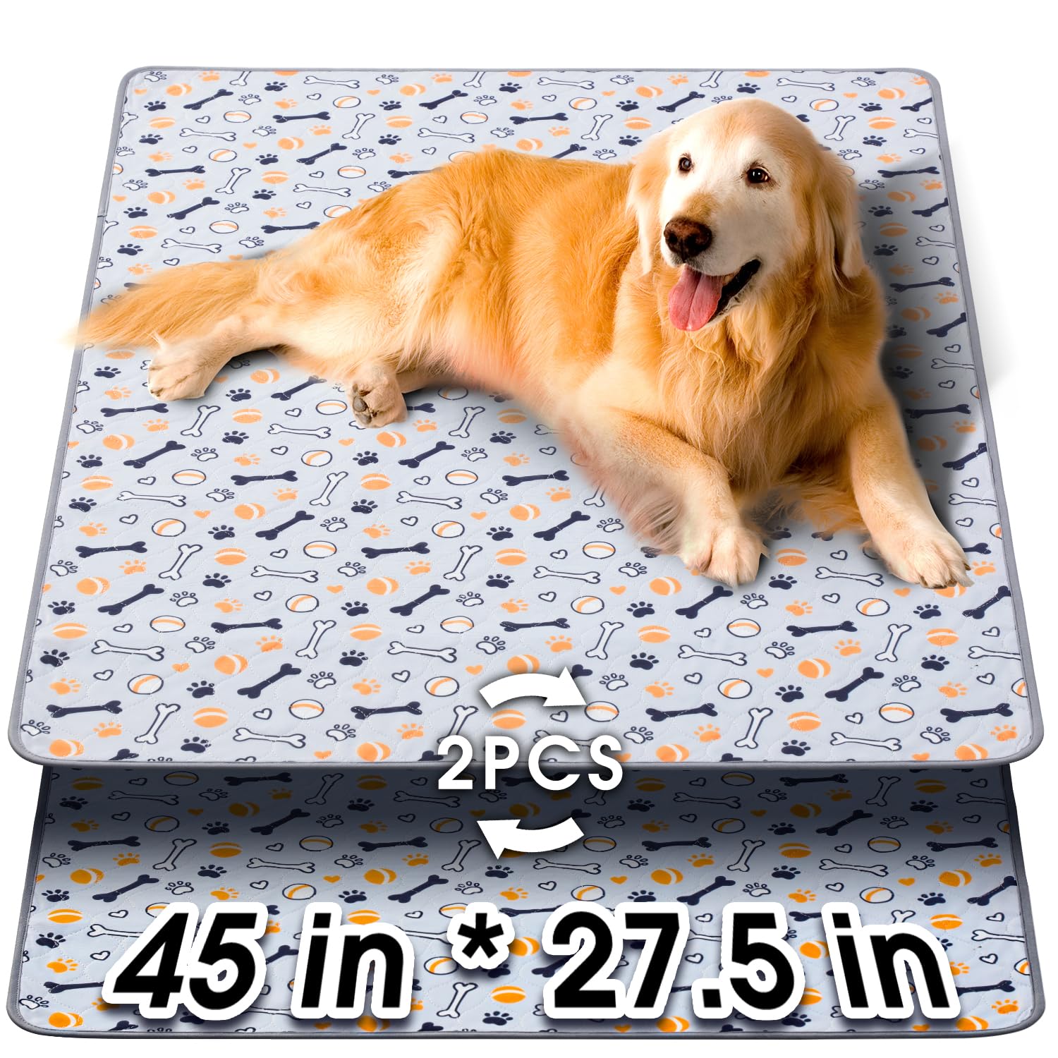 Hompet Washable Pee Pads For Dogs, 45''X27.5'', 2-Pack Thick Heavy Absorbency Reusable Pee Pads Prevent Leakage Non-Slip, Pet Tr