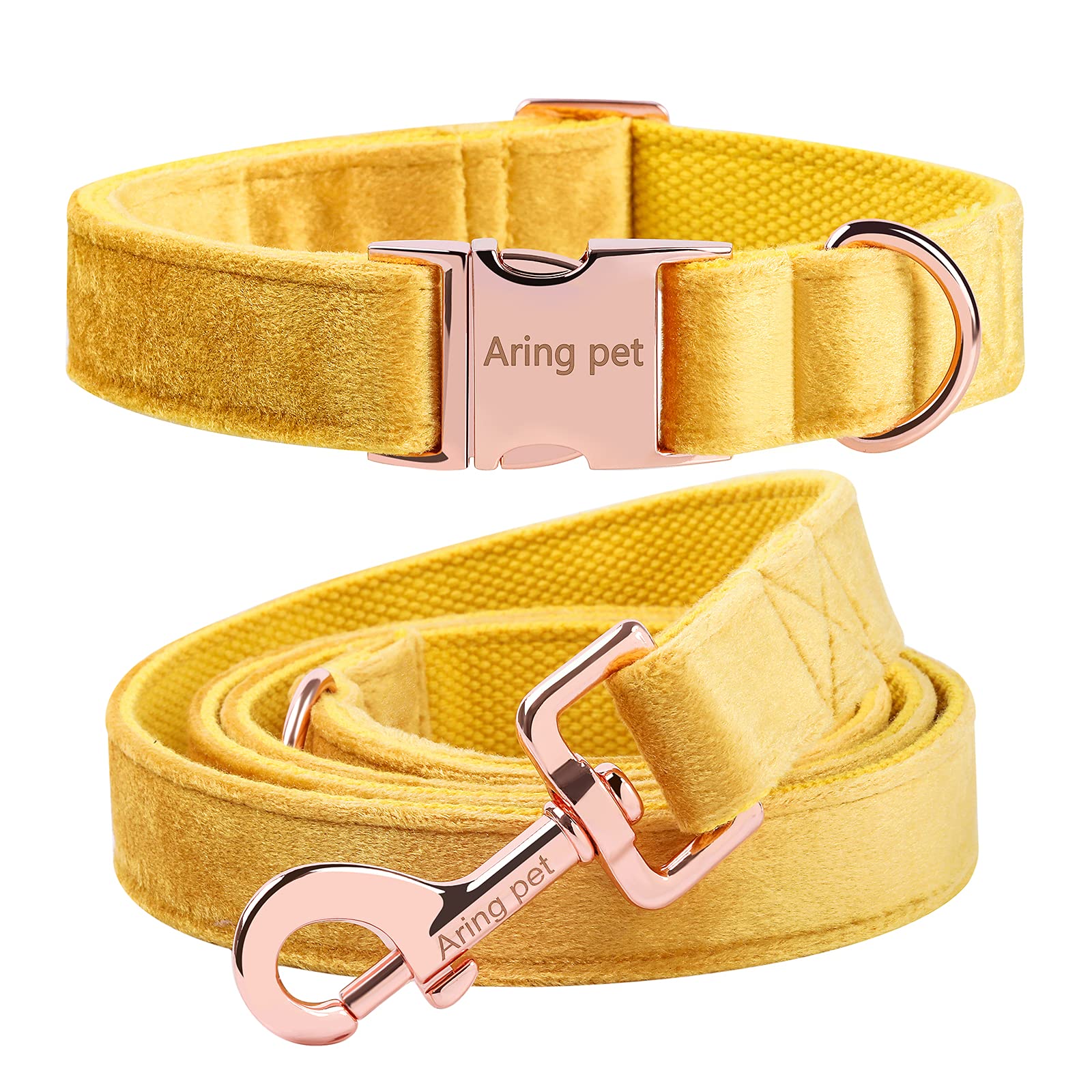Aring Pet Velvet Dog Collar And Leash Set, Bright Yellow Dog Collar And Leash, Adjustable Soft Collars For Dogs