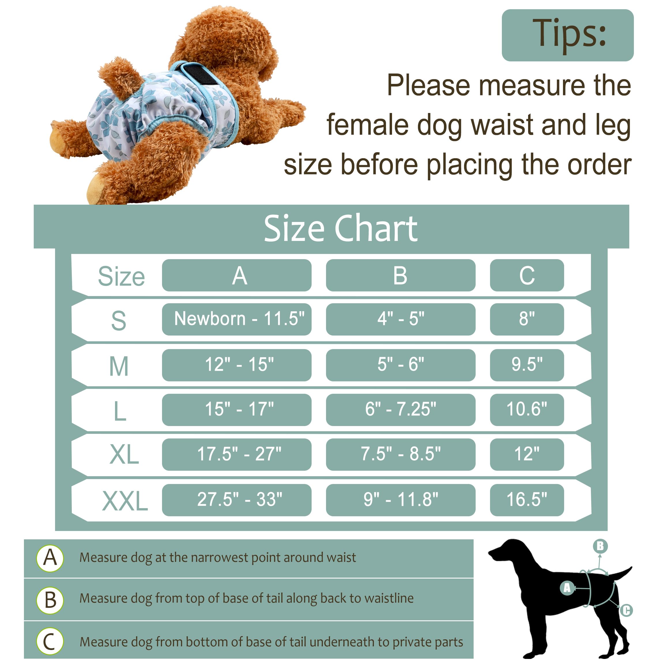 Grecle Washable Female Dog Diapers (3 Pack) - No Leak Reusable Diapers For Doggy Female In Period - Highly Absorbent Dog Heat Panties With Adjustable Snaps L