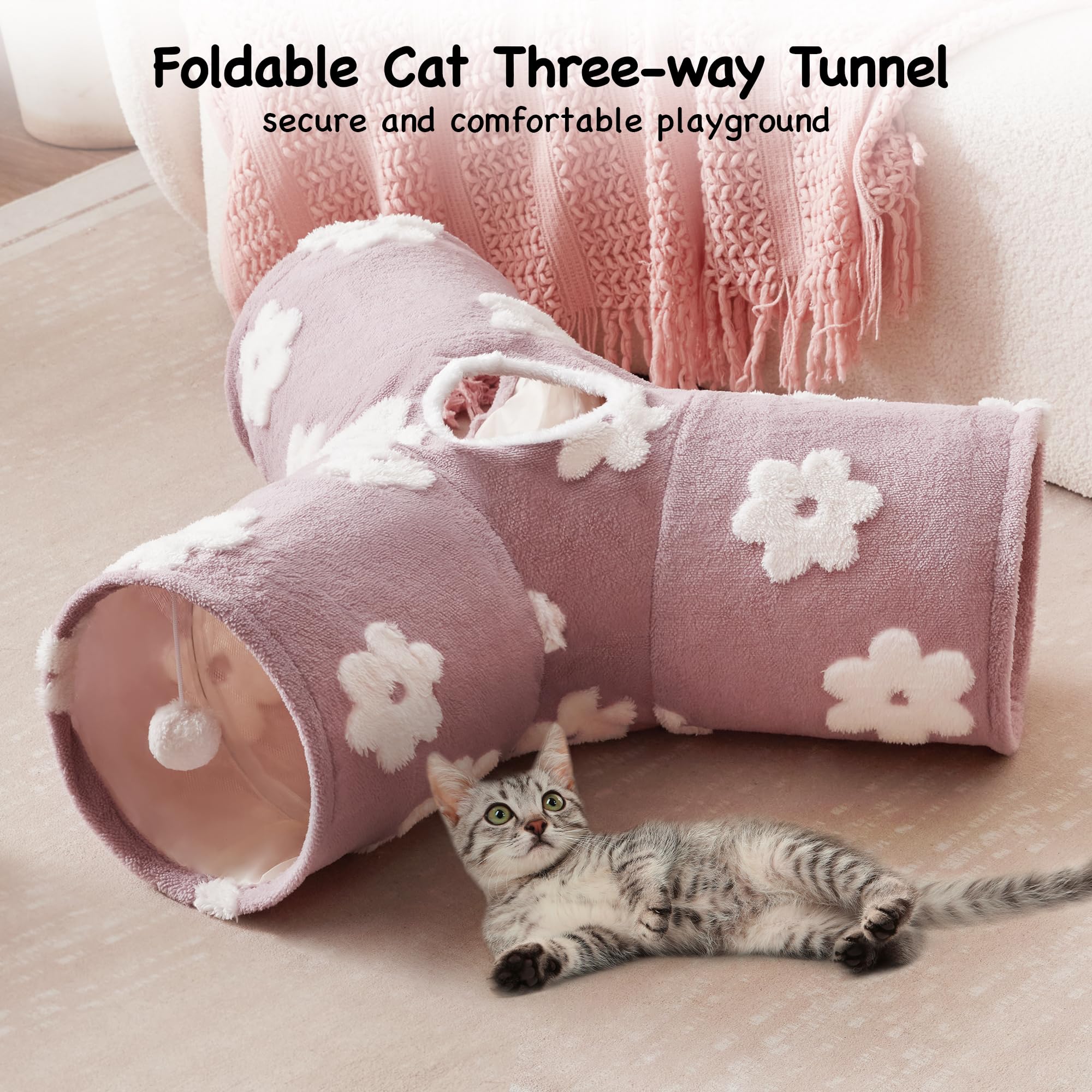 Tempcore Flannel Pet Cat Tunnel Tube Cat Toys 3 Way Collapsible, Cat Tunnels For Indoor Cats, Kitty Tunnel Bored Pet Toys Peek H