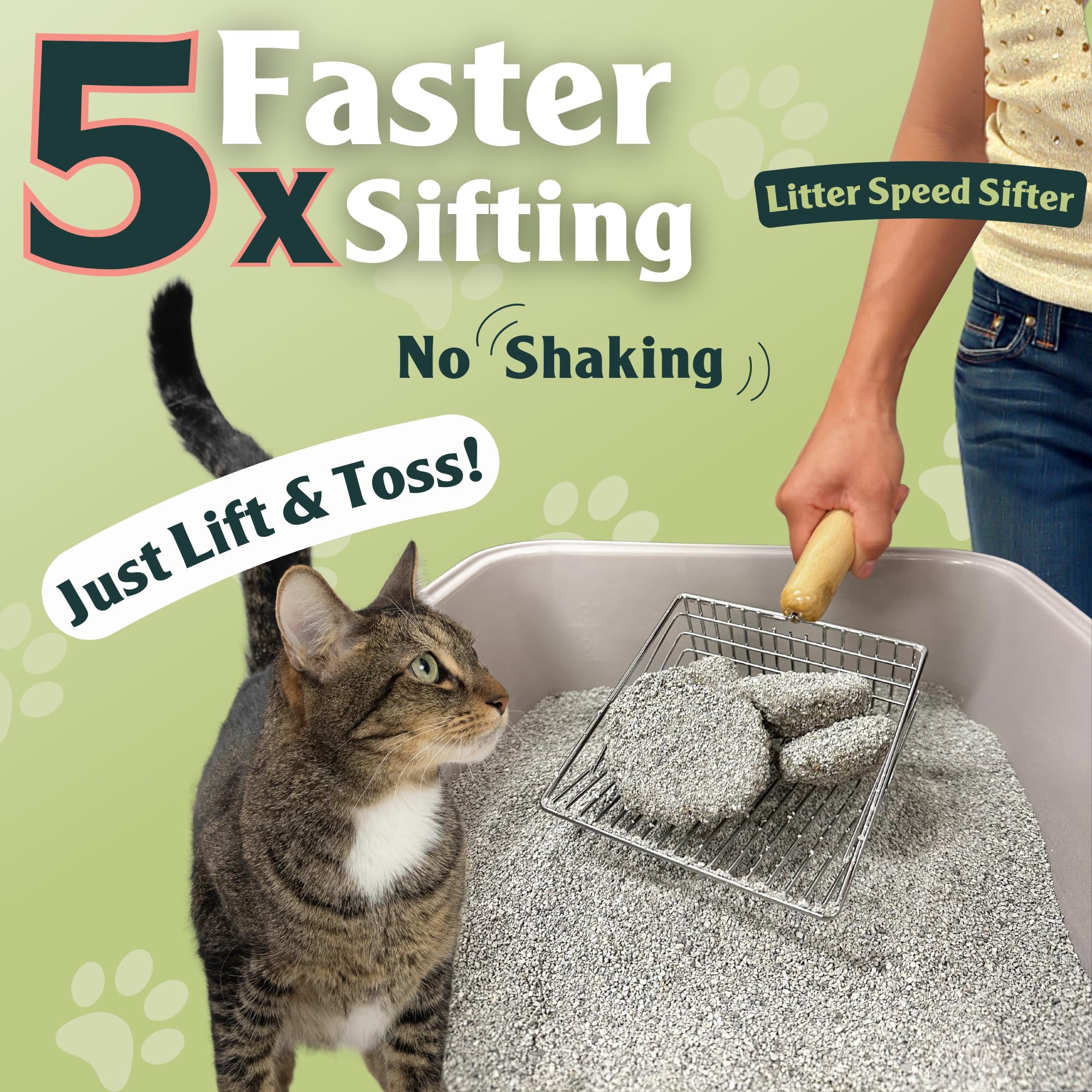 Sprinkle & Sweep Metal Cat Litter Scoop - Heavy Duty Litter Scooper & Speed Sifter With Comfortable Beech Wood Grip - Washable Convenient Stand For Easy And Efficient Cleaning