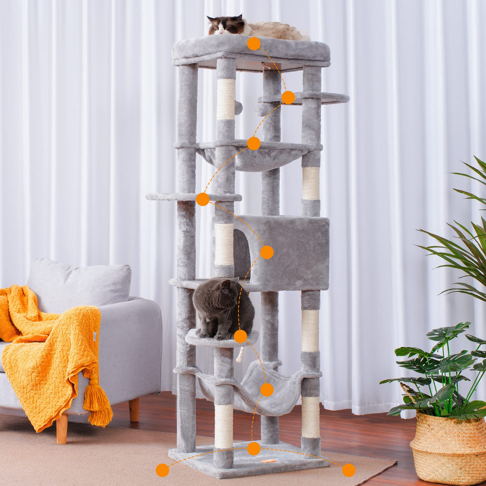 Heybly Cat Tree For Large Cats 20 Lbs Heavy Duty,69 Inches Xxl Cat Tower For Indoor Cats,Multi-Level Furniture Condo With Big Pa
